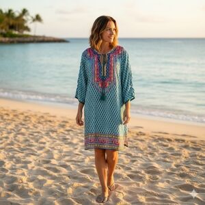 Urban Coco Boho Beach Coverup Tunic Dress Blue Geometric Print Size XXL